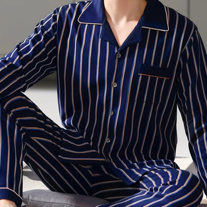 QIANNIANMA Men's Striped Pajama Set - Comfy Long Sleeve Button-Up Top & Pants, Casual Loungewear for Spring/Fall