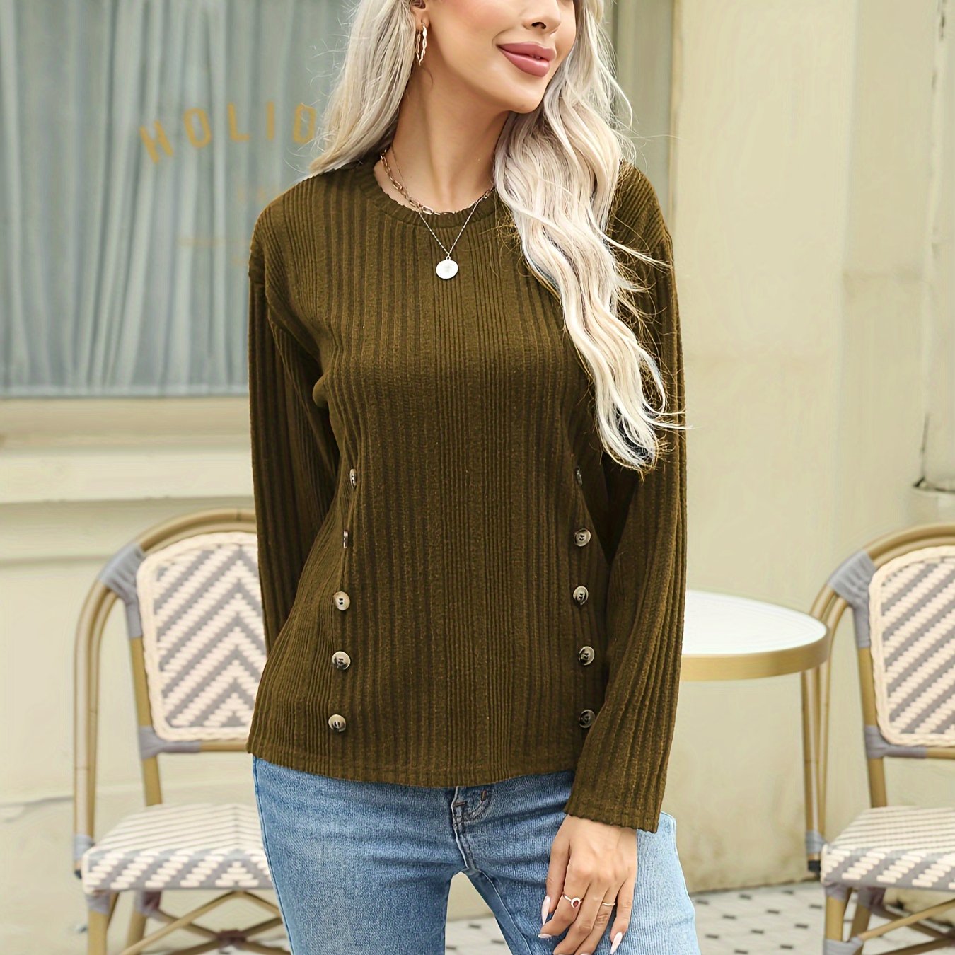 vlovelaw  Ribbed Button Decor Crew Neck T-Shirt, Casual Long Sleeve Top For Spring & Fall, Women's Clothing