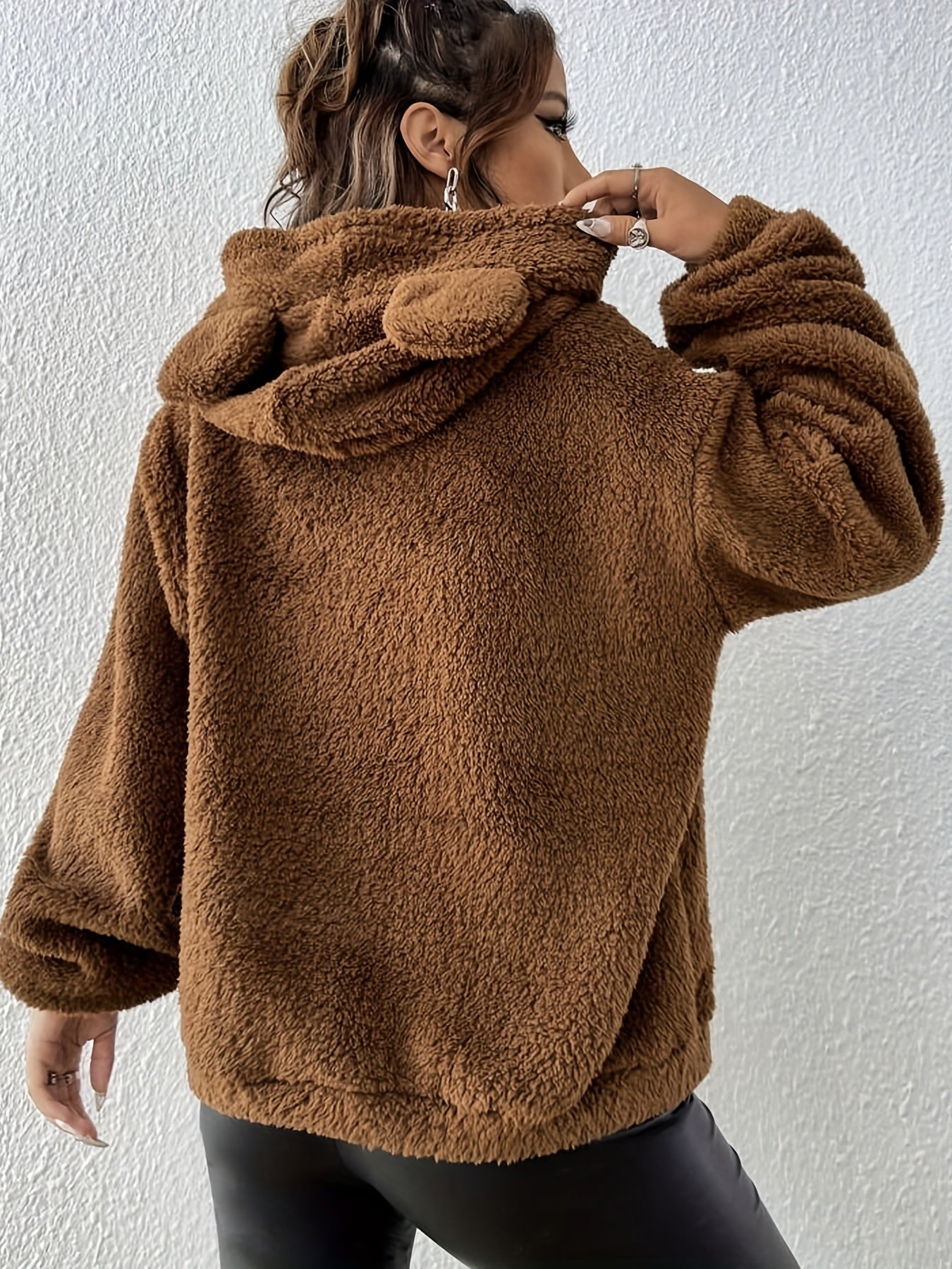 vlovelaw Bear Ear Pocket Plush Hoodie, Casual Long Sleeve Hooded Sweatshirt, Women's Clothing