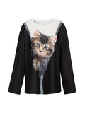 Plus Size Casual Top, Women's Plus Colorblock Cute Cat Print Long Sleeve Round Neck Top