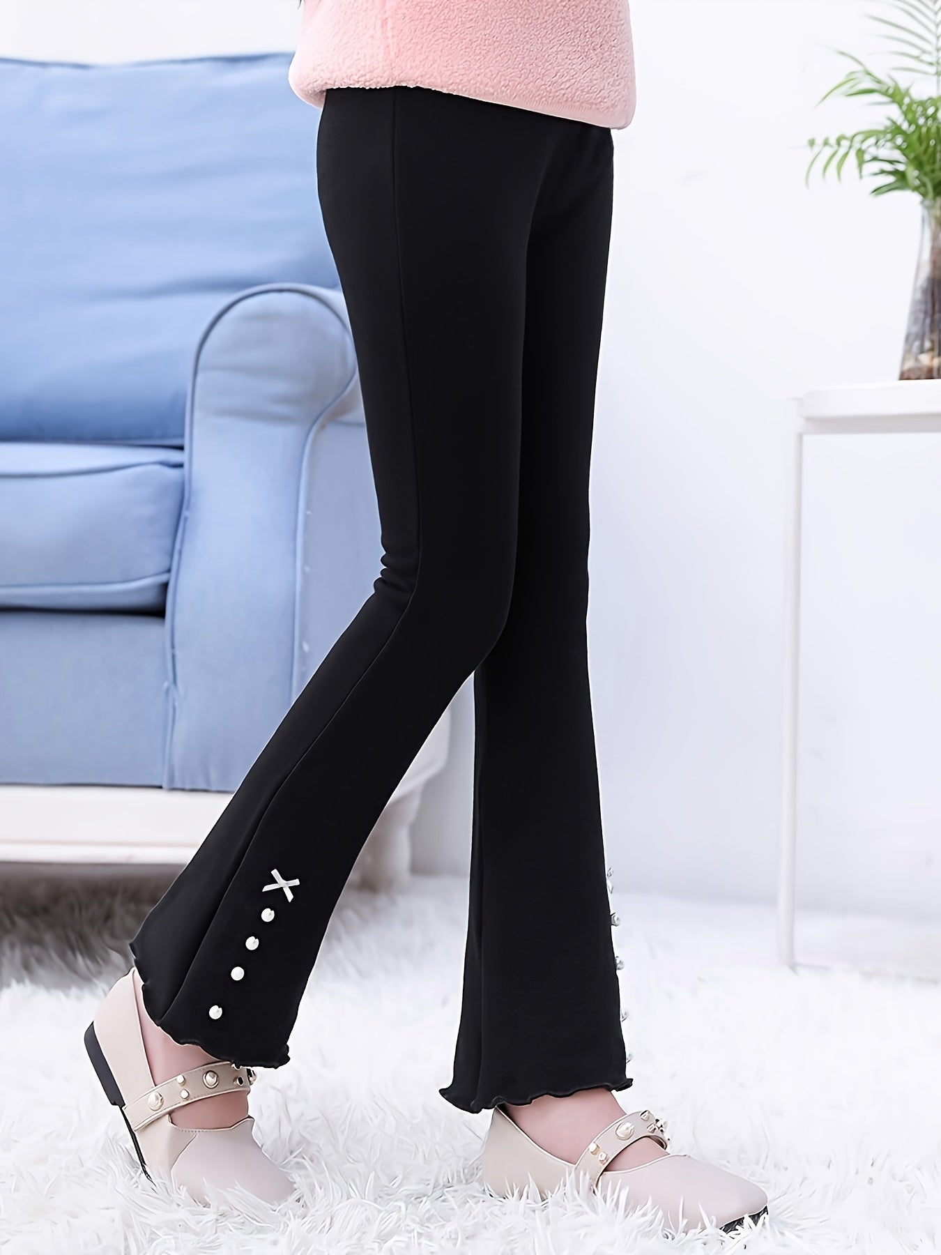 vlovelaw  Girls Elegant Thermal Flare Pants With Bowknot & Bead Details, Slim Warm Long Pants For Fall Winter