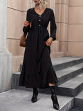High Waist Simple Dress, Elegant V Neck Long Sleeve Midi Dress, Women's Clothing