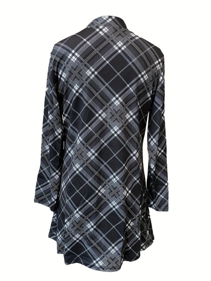 vlovelaw  Plaid Print Mock Neck Dress, Elegant Long Sleeve Above Knee Dress, Women's Clothing