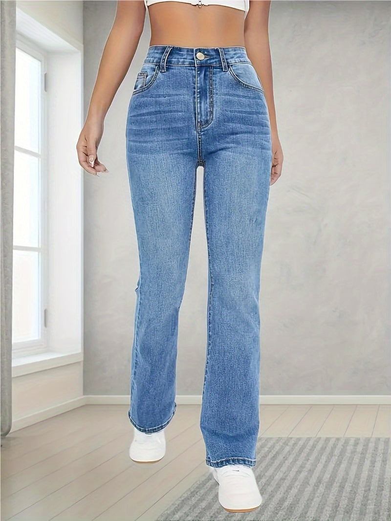 vlovelaw  High Stretch Washed Straight Jeans, Slant Pockets High Waist Denim Pants, Women's Denim Jeans & Clothing