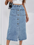 vlovelaw  Single-breasted Button Denim Skirts, Patched Pocket Slim Fitted Elegant Denim Skirts, Women's Denim Clothing