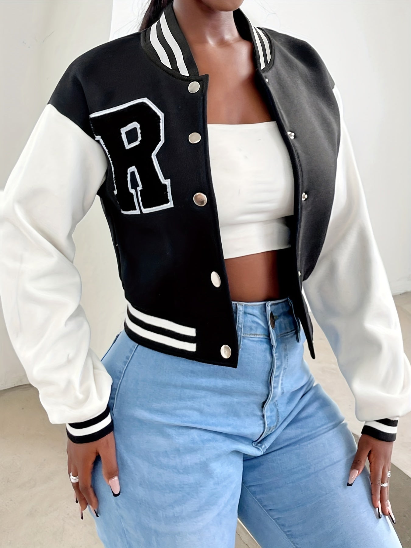 R Pattern Button Up Crop Bomber Jacket, Preppy Long Sleeve Jacket For Fall & Winter, Women's Clothing