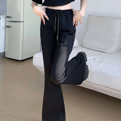 vlovelaw  Solid Flare Leg Pants, Casual Drawstring High Waist Sporty Pants With Pocket, Women's Clothing