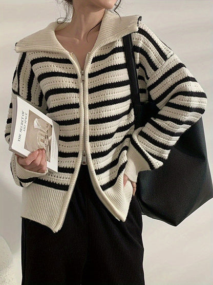 vlovelaw Long Sleeve Striped Cardigan, Zip Up Casual Sweater, Women's Clothing