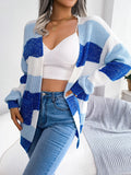 vlovelaw Striped Colorblock V-neck Cardigans, Casual Loose Drop Shoulder Long Sleeve Fall Winter Knit Cardigan, Women's Clothing