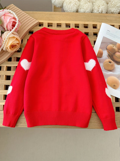 Adorable Girls Heart Pattern Knit Cardigan - Soft Long Sleeve Crew Neck Sweater Jacket with Cute Button Detail - Perfectly Short for a Chic, Elegant Style