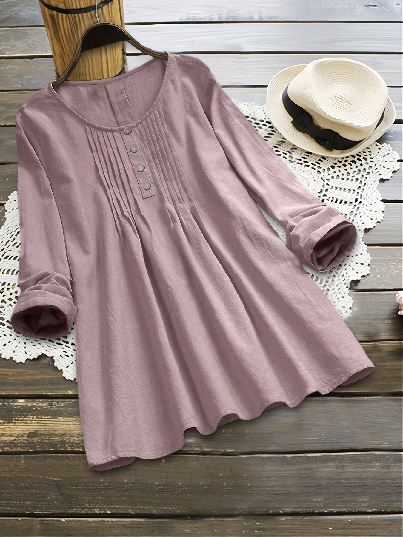 Plus Size Button Decoration Round Neck Oversized Blouse, Women's Plus Ruched Front Women Tops