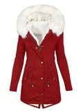 Faux Fur Hood Drawstring Parka Coat, Zip Up Button Front Pocket Thermal Overcoat, Women's Clothing