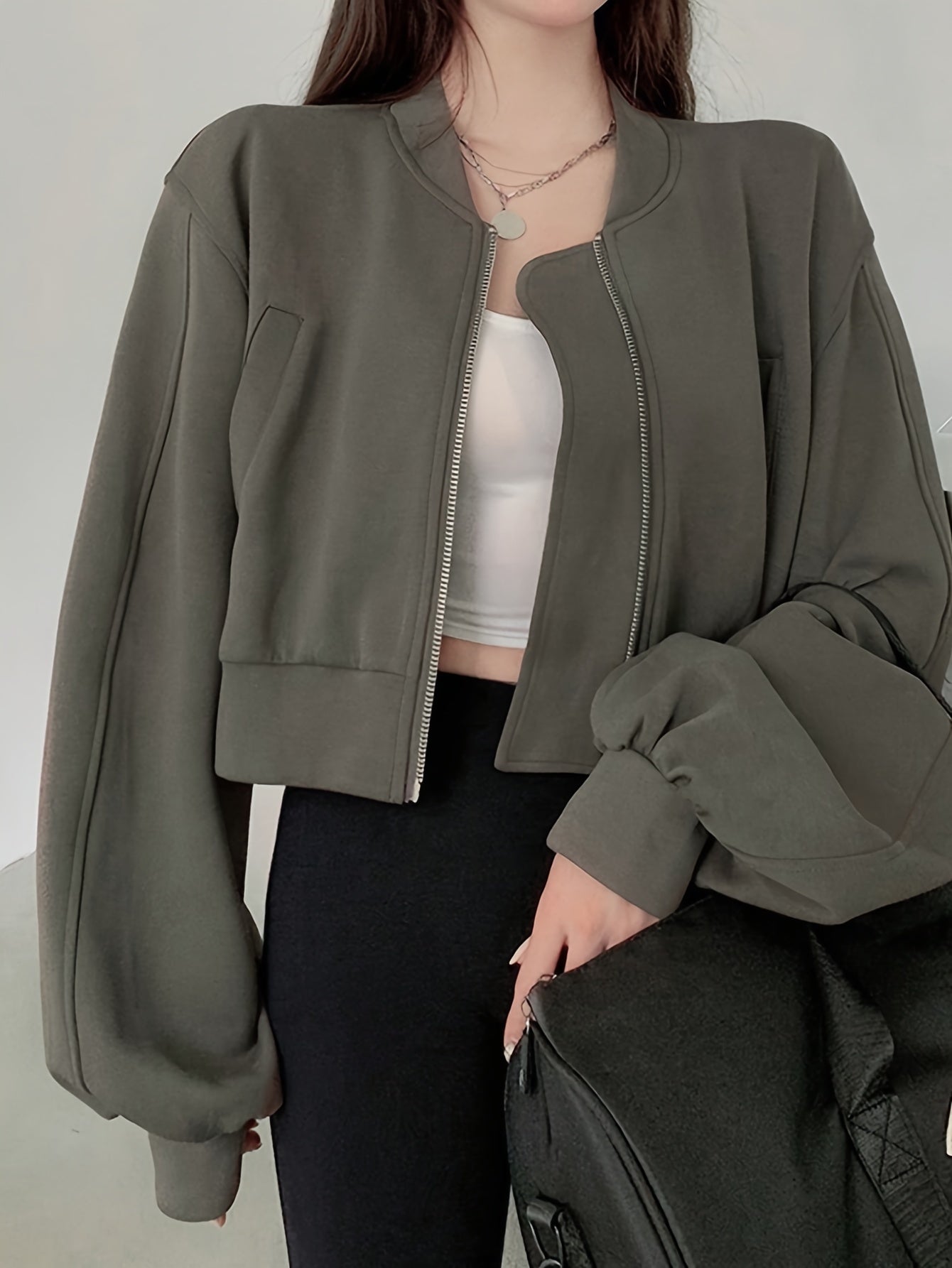 Solid Color Zip-up Crop Jacket, Casual Long Sleeve Pocket Jacket For Fall & Winter, Women's Clothing