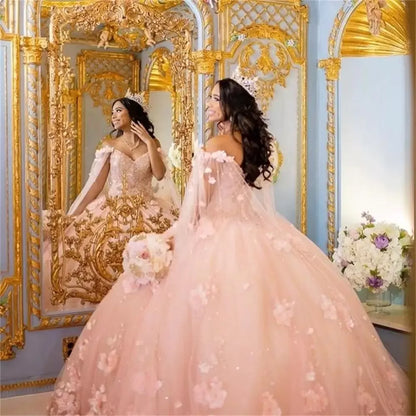 Pink Quinceanera Dresses Flowers Sweetheart Sweet 15 Girls Princess Dress Vestidos De Prom  Ball Gowns wly935