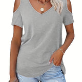 vlovelaw Cold Shoulder V Neck T-Shirt, Casual Short Sleeve T-Shirt For Spring & Summer, Women's Clothing