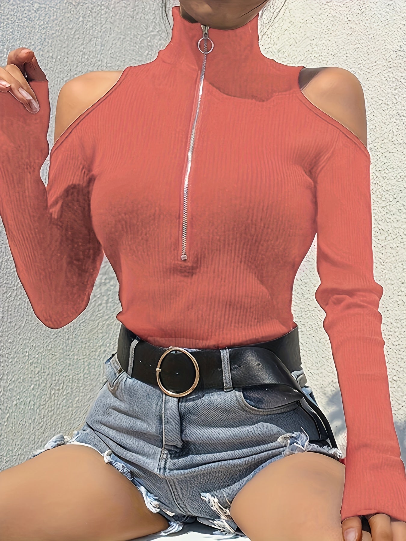 vlovelaw  Ribbed Zip Front Mock Neck T-Shirt, Casual Cold Shoulder Long Sleeve Top For Spring & Fall, Women's Clothing