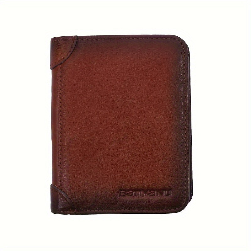 Three-Fold Genuine Leather Mens Wallet - Spacious Card Holder, Durable Top Layer Cowhide, Simple Solid Color Design, Ideal Gift for Men