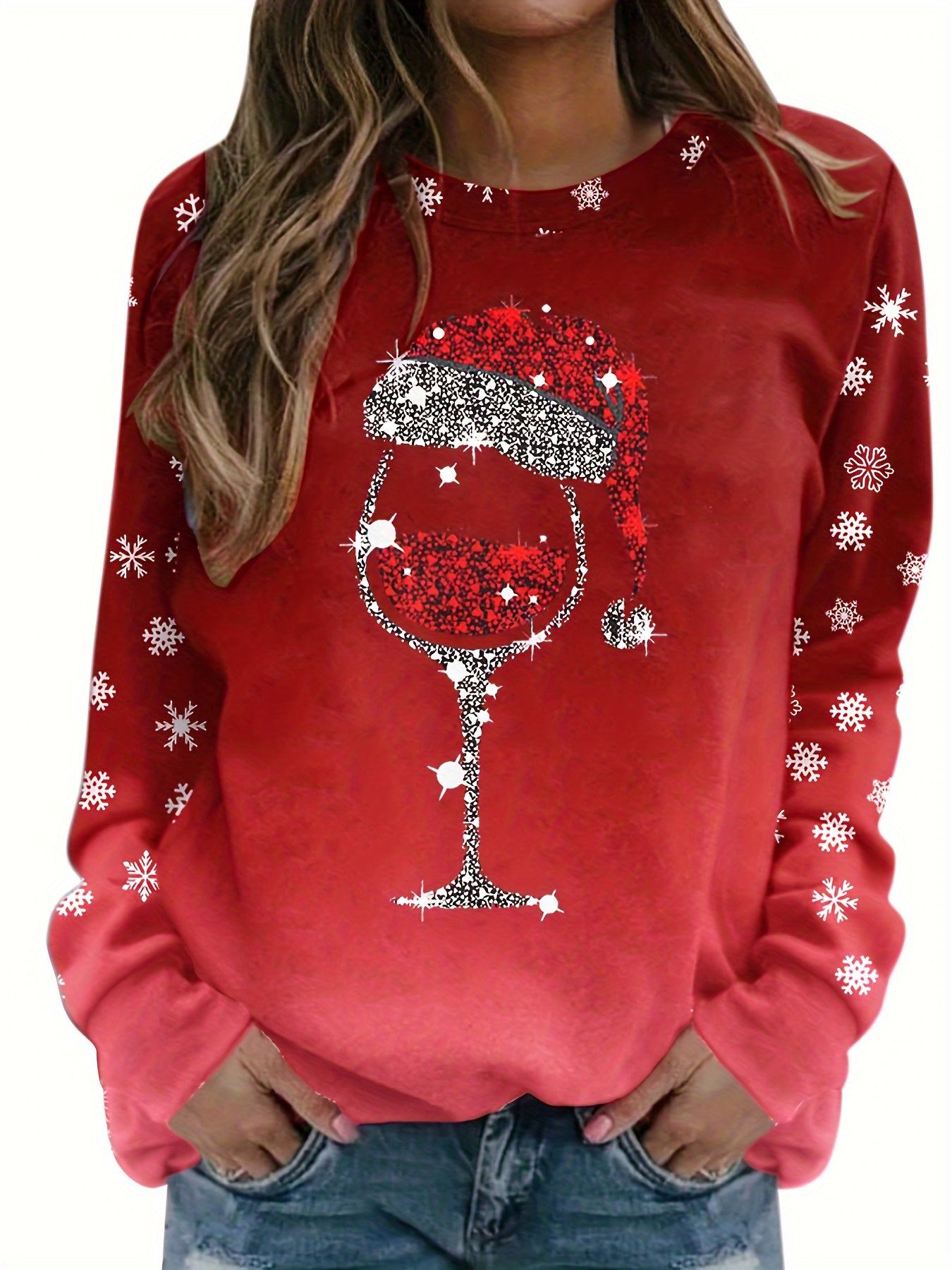 vlovelaw  Christmas Snowflake Print Crew Neck Sweatshirt, Long Sleeve Casual Sports Pullover Top, Women's Clothing