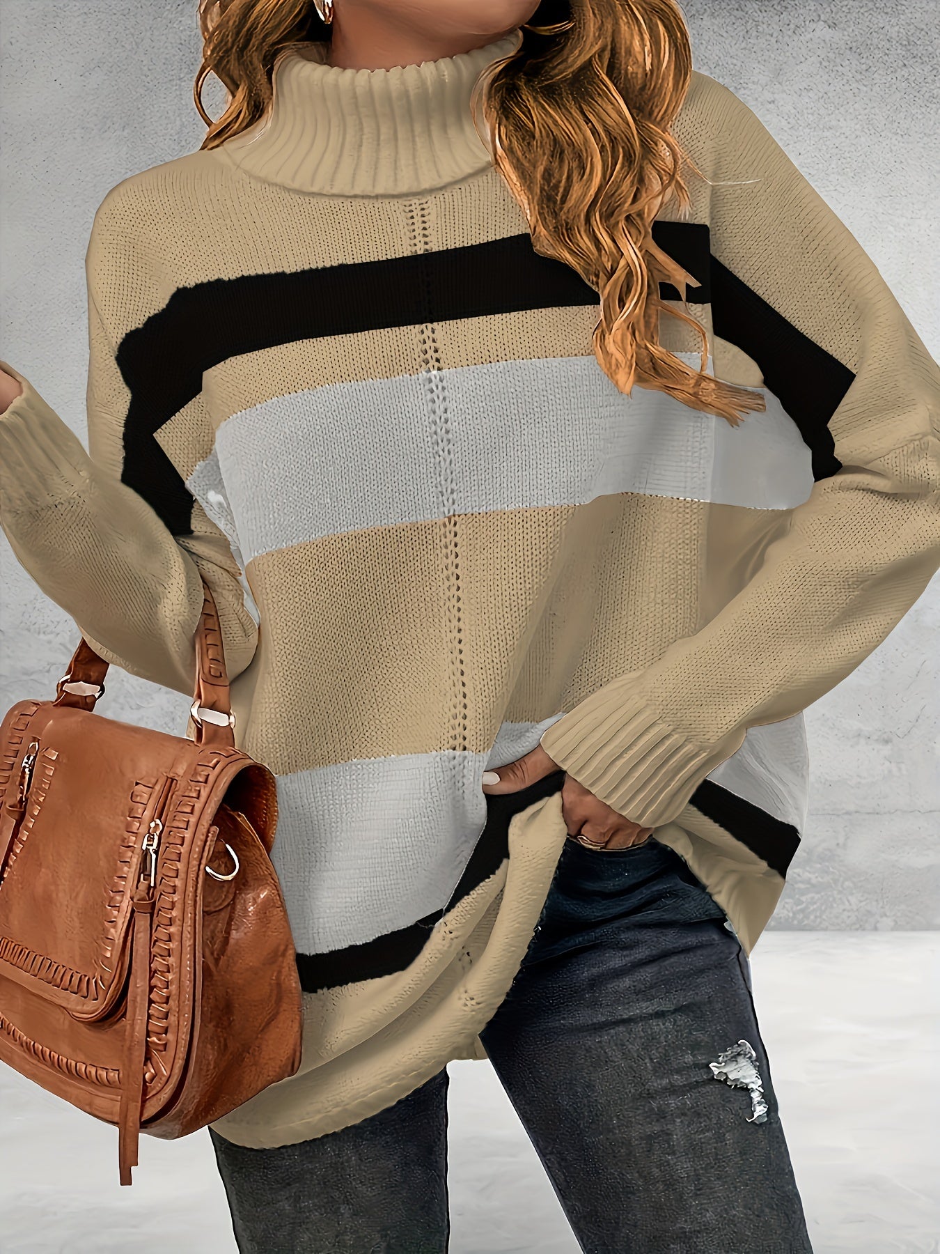 vlovelaw Plus Size Casual Sweater, Women's Plus Colorblock Long Sleeve Turtle Neck Slight Stretch Sweater