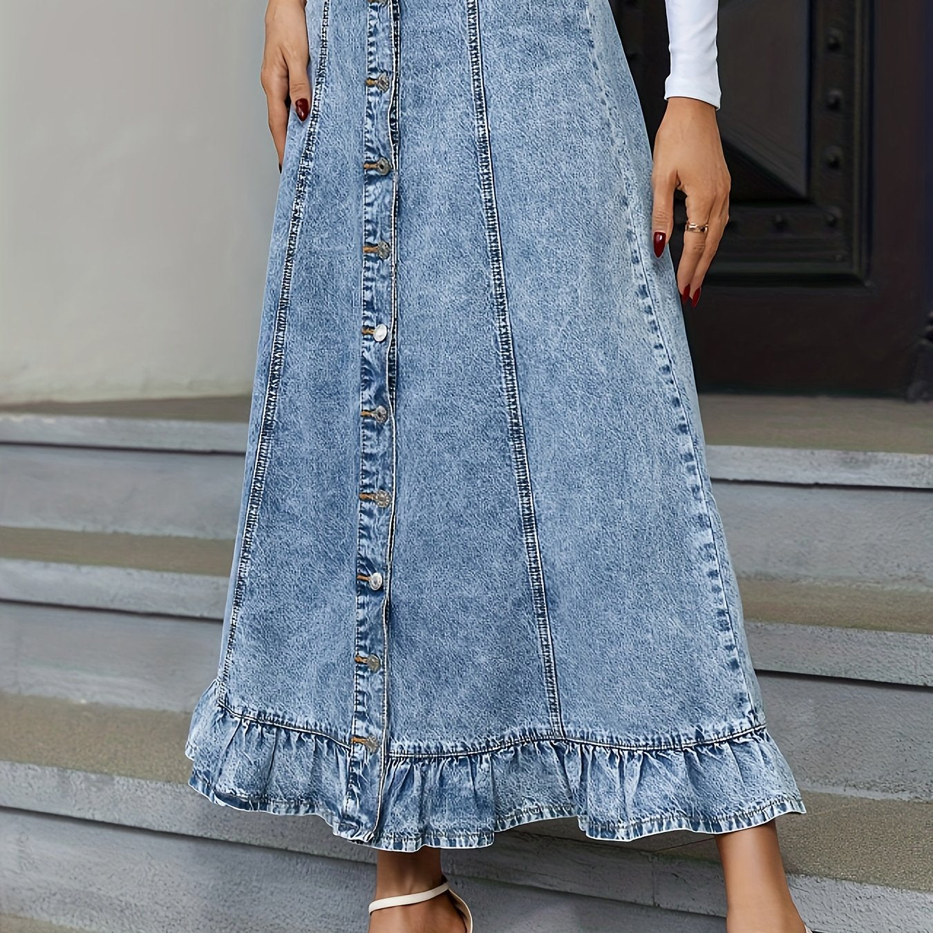 vlovelaw  Blue Ruffle Hem Denim Midi Skirt, Single Breasted Button Washed Elegant Denim Skirt, Women's Denim Clothing