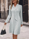 Solid Tie Decor Aline Dress, Elegant Long Sleeve Slim Dress For Spring & Fall, Women's Clothing