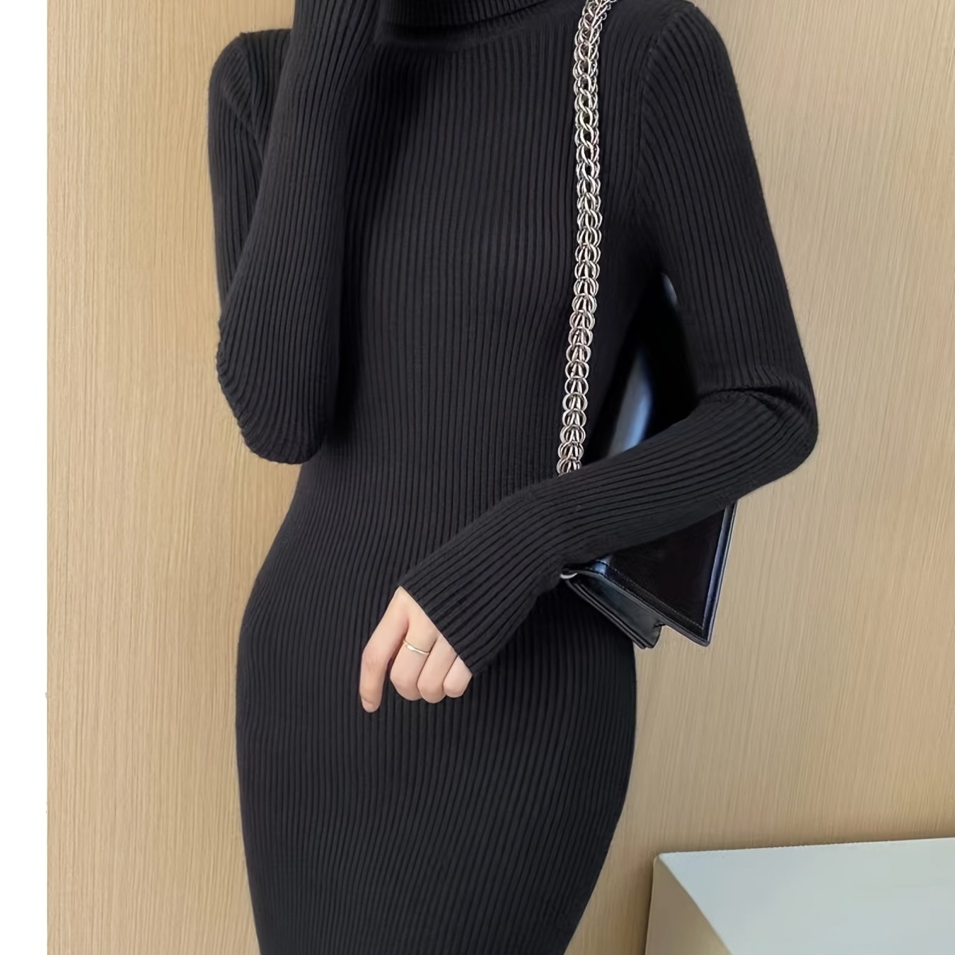 vlovelaw  Elegant Solid Turtleneck Bodycon Dress, Long Sleeve Casual Every Day Dress For Winter & Fall, Women's Clothing