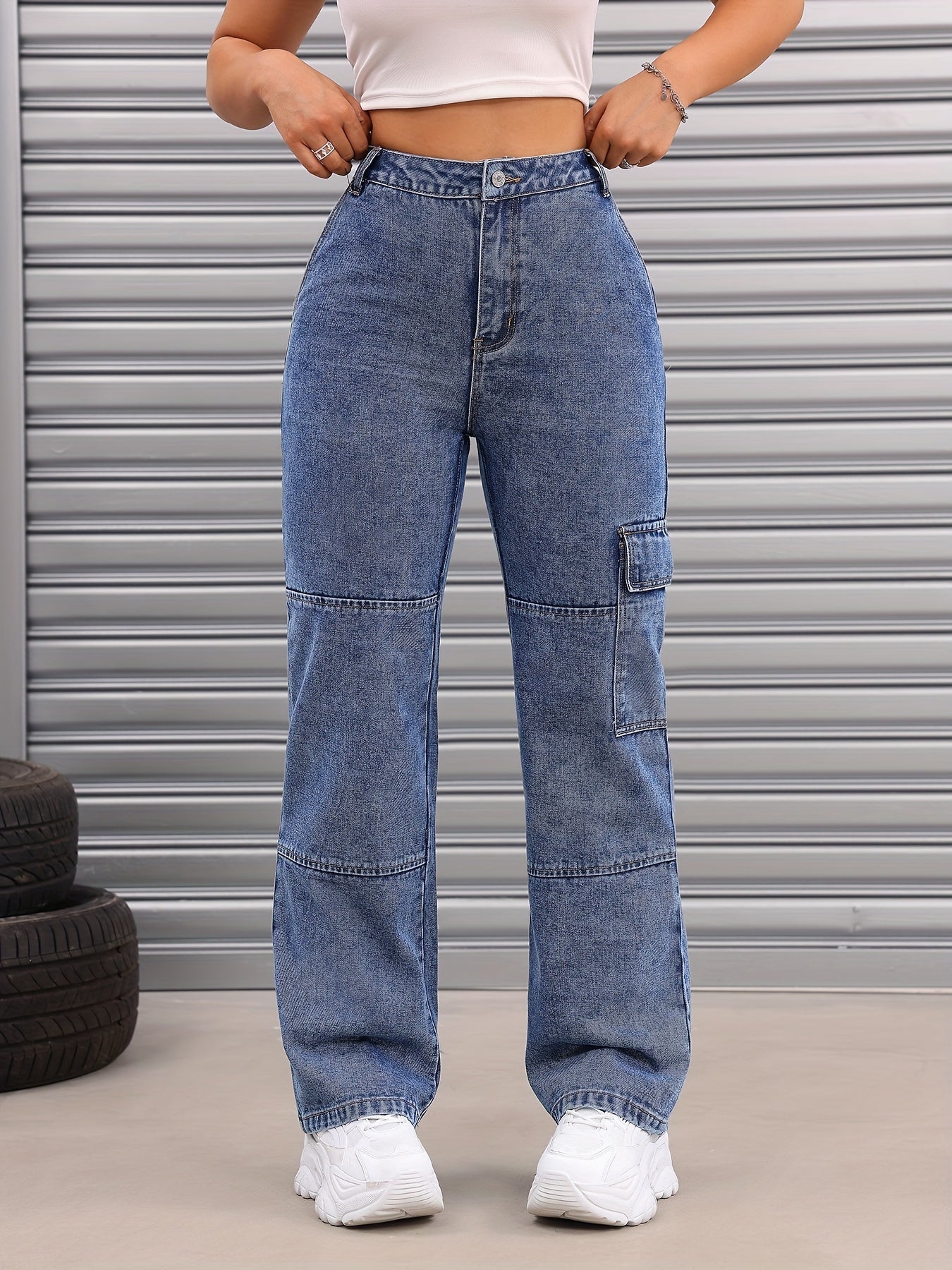 vlovelaw Loose Fit Casual Straight Jeans, Flap Pockets Non-Stretch Denim Pants, Women's Denim Jeans & Clothing