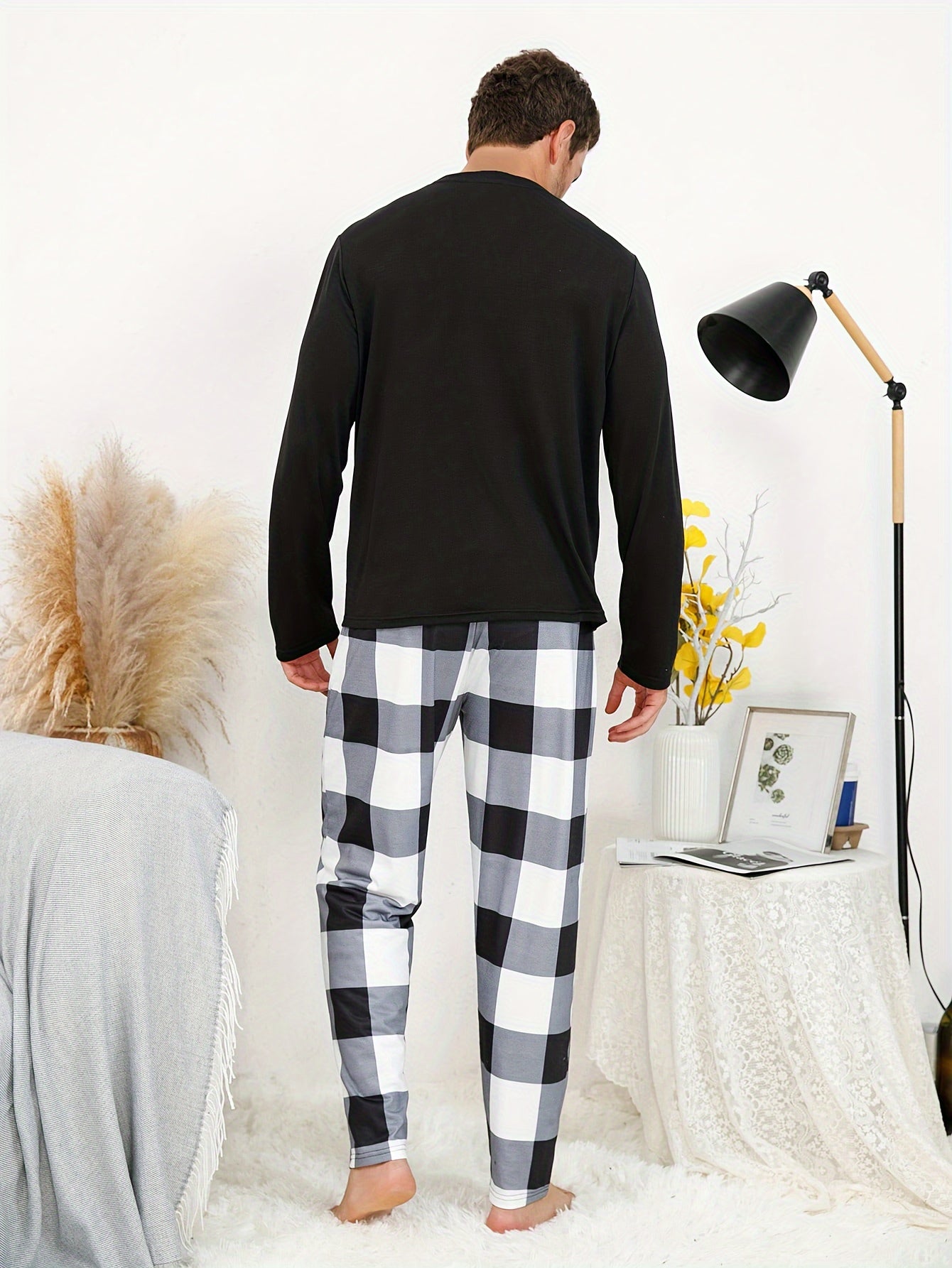 2 Pcs Mens Plaid Pajama Sets with Pocket - Soft, Breathable, and Stretchy Crew Neck Long Sleeves & Loose Fit Pants for Cozy Loungewear - Comfortable, Skin-Friendly, and Asymmetrical Design for Spring and Fall