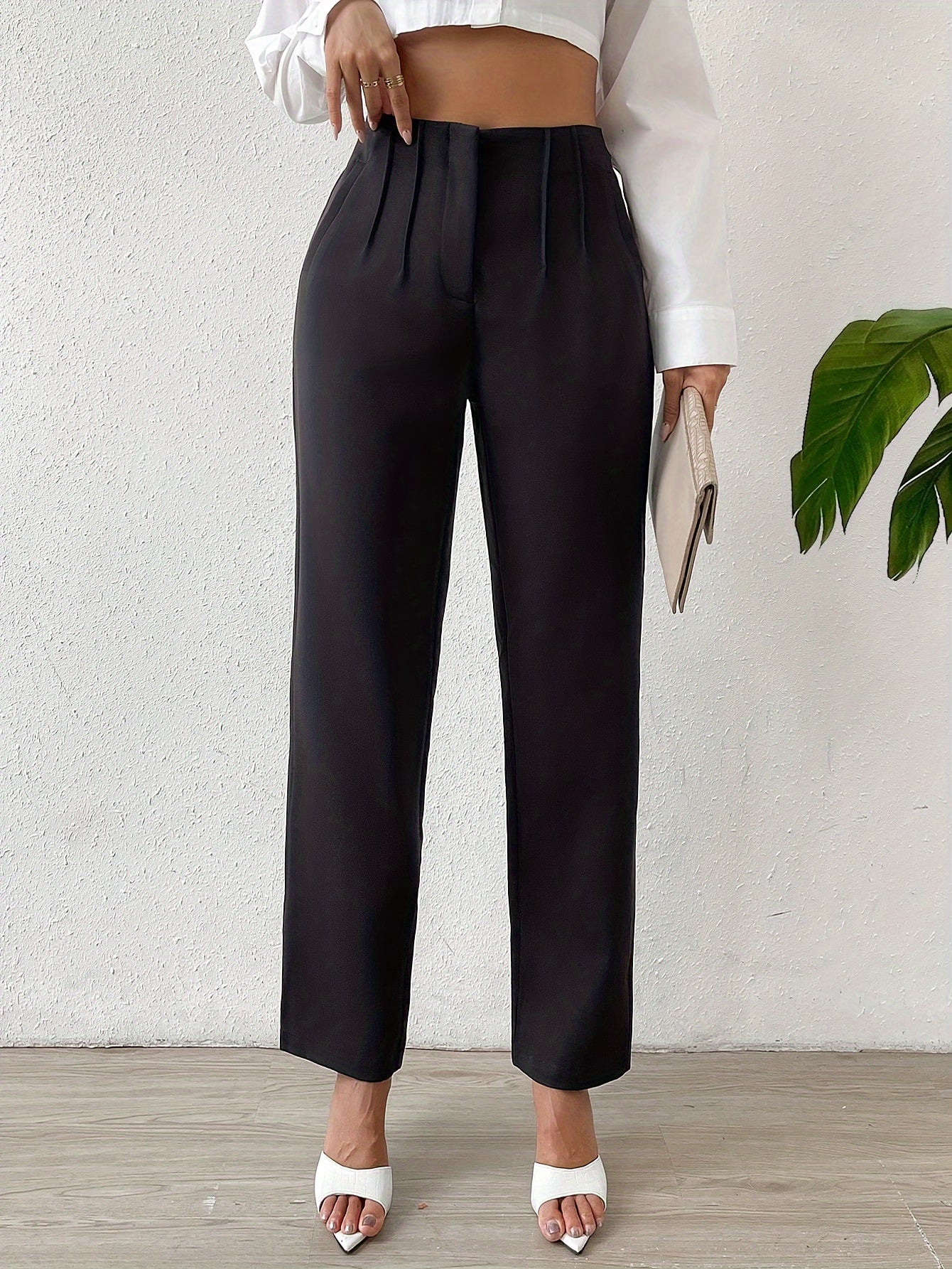 vlovelaw  Solid High Waist Pants, Elegant Straight Leg Ruched Pants, Women's Clothing