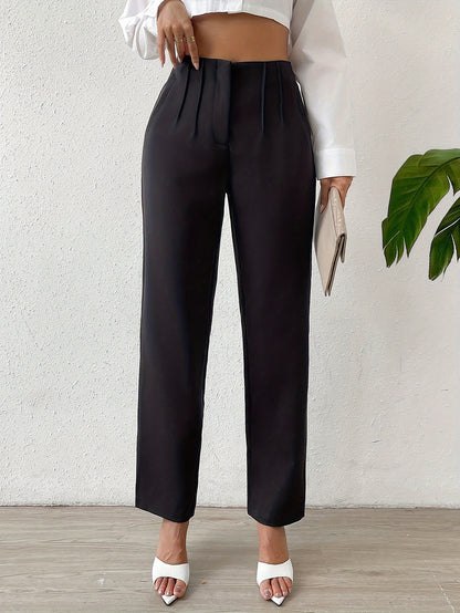 vlovelaw  Solid High Waist Pants, Elegant Straight Leg Ruched Pants, Women's Clothing