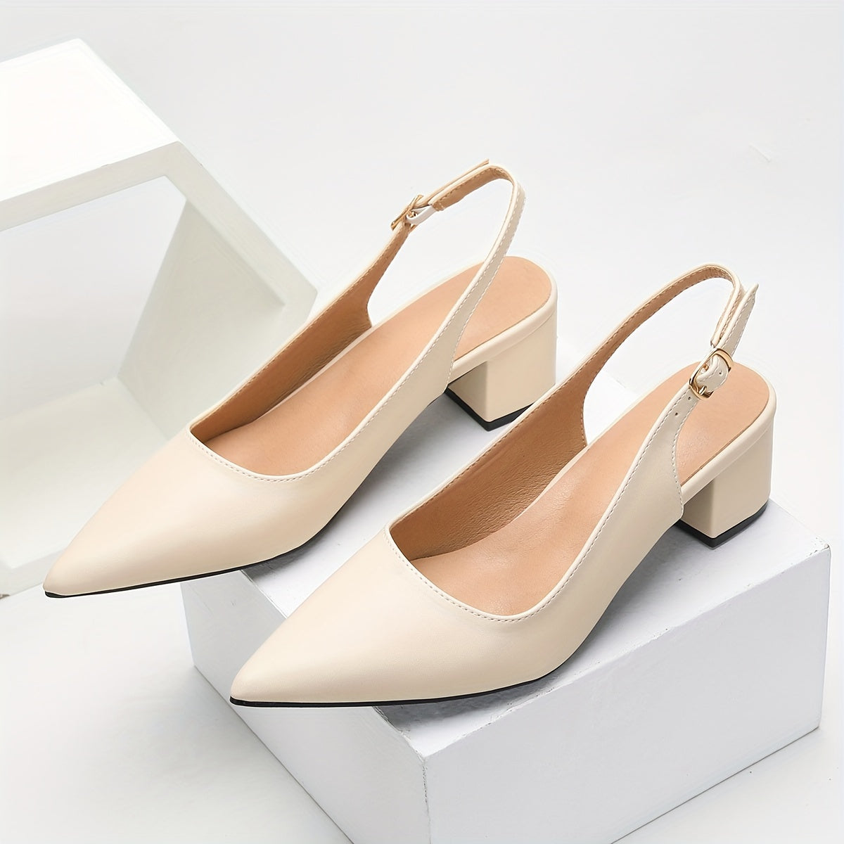 vlovelaw  Elegant Women's Dress Pumps-Solid Color & Chunky Heels-Versatile Point Toe with Fashionable Slingback Buckle-Perfect for Evenings & Special Occasions