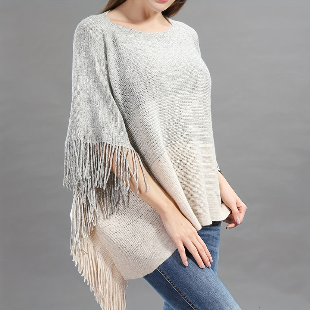 vlovelaw Stretch Pullover Knit Shawl Casual Striped Tassel Wrap Shawl Loose Simple Outerwear Cape Autumn Winter Jacket