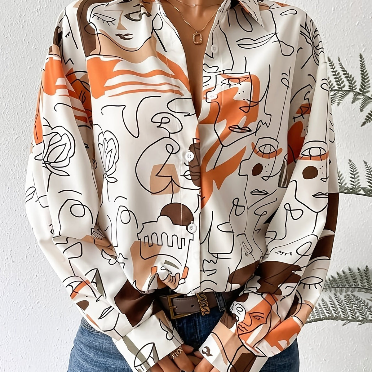 Abstract Graphic Print Shirt, Casual Button Front Long Sleeve Shirt, Women's Clothing