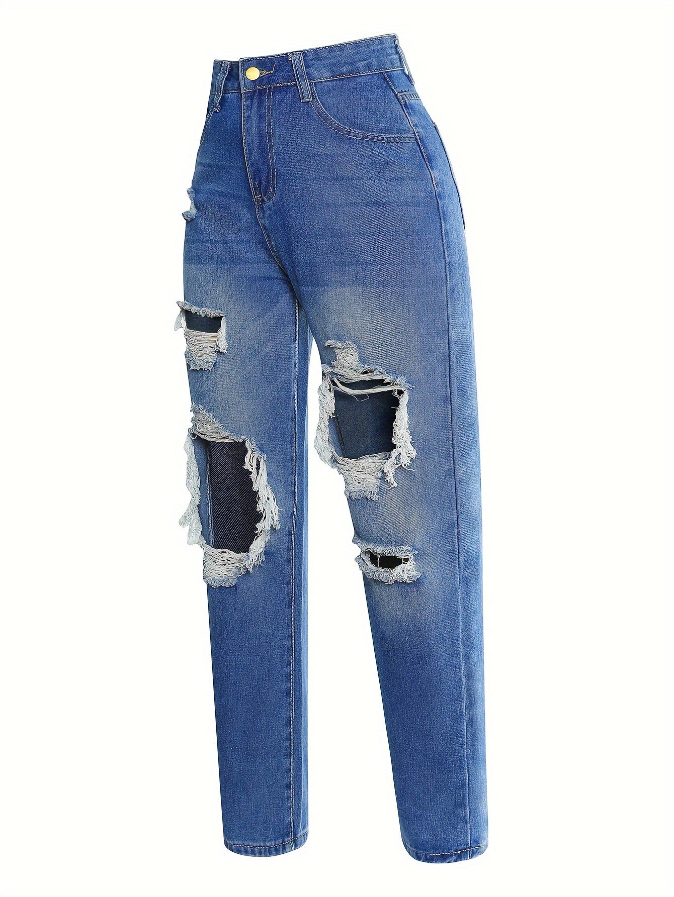 Blue Ripped Straight Jeans, Slash Pockets High Waist Distressed High Waist Denim Pants, Women's Denim Jeans & Clothing