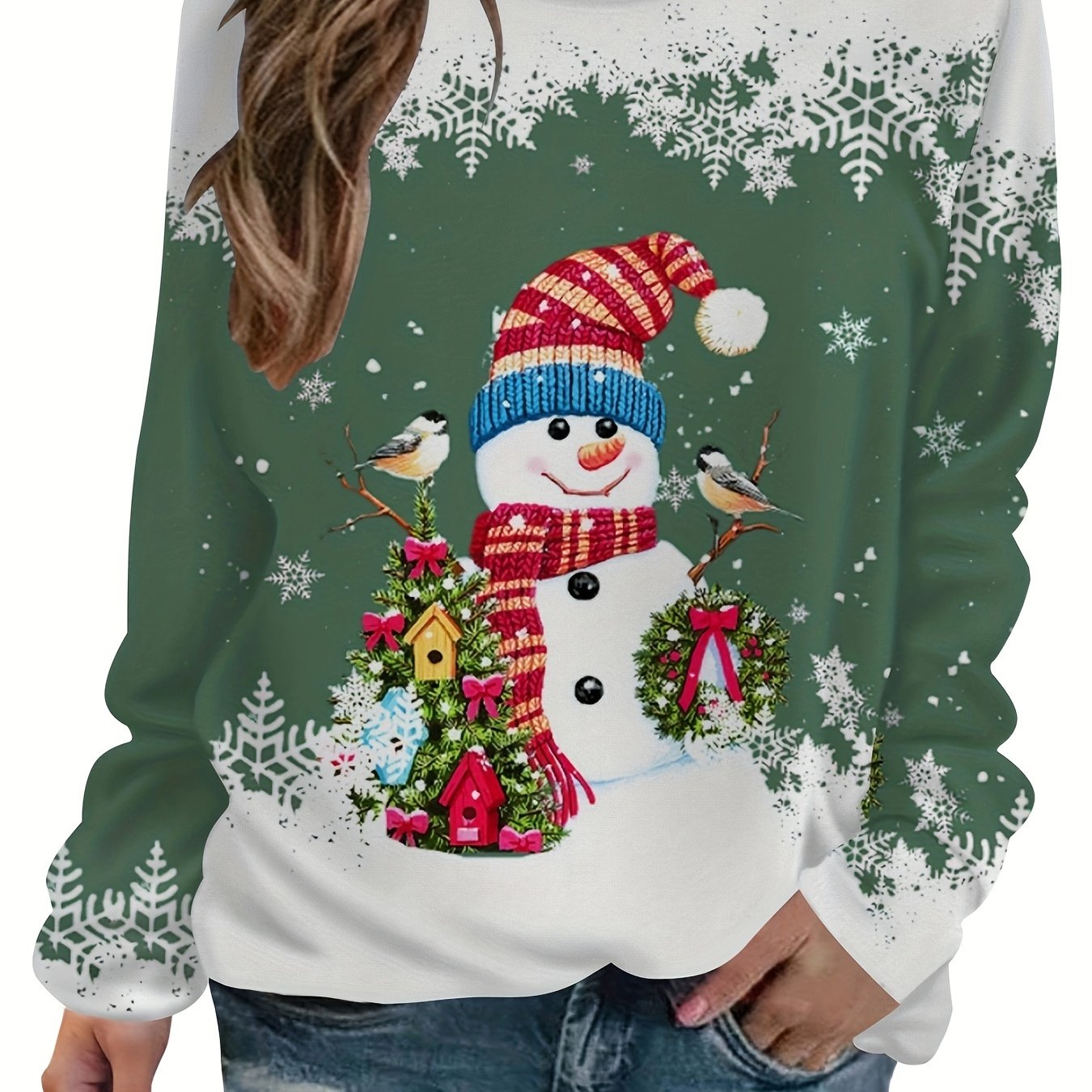 vlovelaw  Christmas Snowman Printed Warm Sports Sweatshirts, Long-sleeved Round Neck Casual Sports Pullover Tops For Winter And Autumn, Women's Sporty Sweatshirts