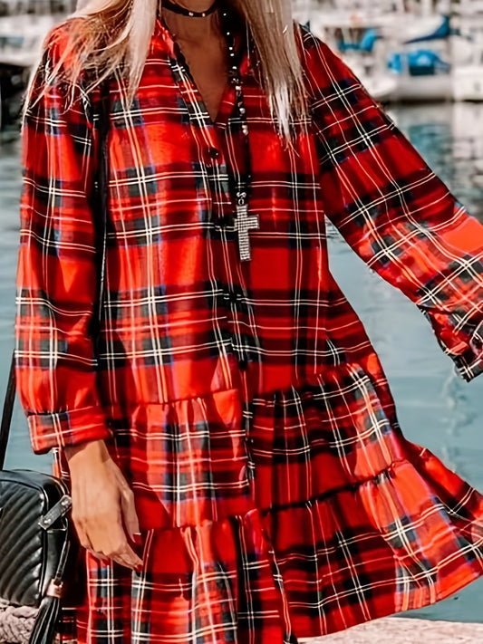 vlovelaw  Plaid Print Button Front Shirt Dress, Casual Long Sleeve V-neck Dress For Spring & Fall, Women's Clothing