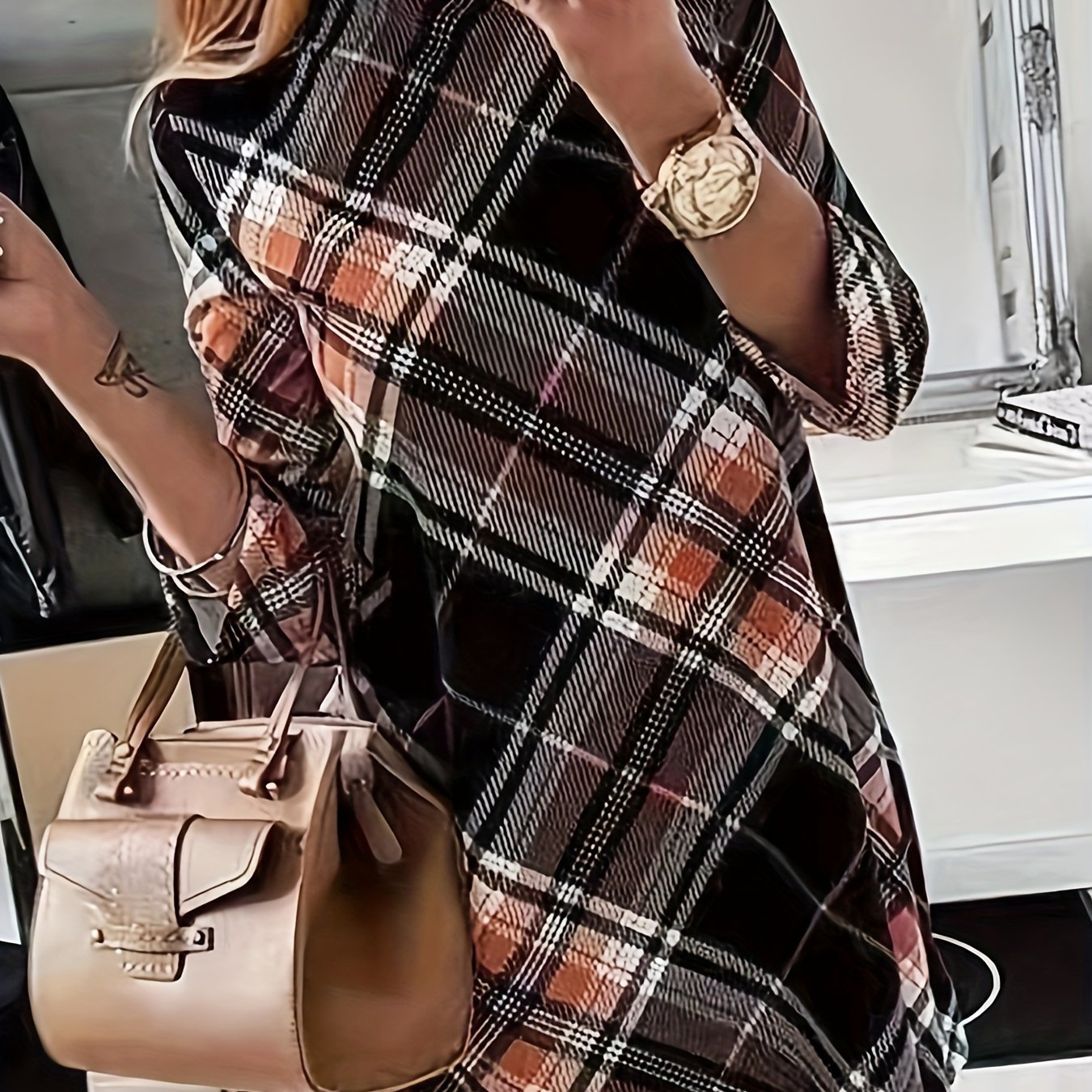 vlovelaw  Plaid Print Mock Neck Dress, Elegant Long Sleeve Above Knee Dress, Women's Clothing