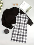 vlovelaw  Casual Two-piece Dress Set, Asymmetrical Hem Long Sleeve Crop T-shirt & Plaid Pattern Cami Dress Outfits, Women's Clothing