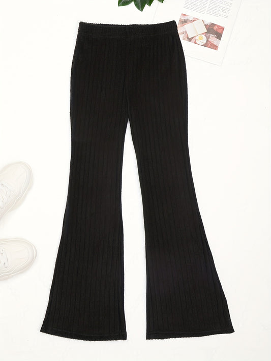 Girls Casual & Slim Ribbed Flare Pants High Waist Loose Fit Solid Color