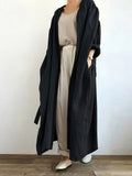 Solid Open Front Belted Overcoat, Versatile Long Sleeve Pockets Maxi Length Coat , Women's Clothing