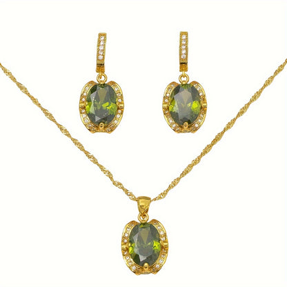 3pcs Elegant And Sparkling Geometric Cubic Zirconia Necklace And Earrings Set In Retro Olive Green Color - 18K Gold-Plated Jewelry Set For Valentine's Day, Weddings, And Girl's Gift