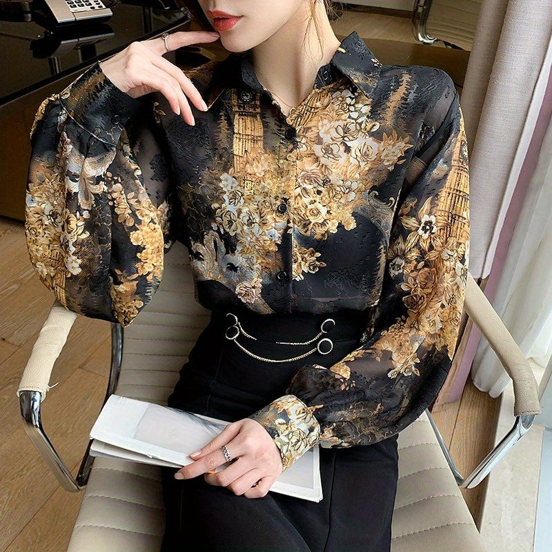 Floral Print Button Front Shirt, Casual Long Sleeve Shirt For Spring & Fall, Women's Clothing