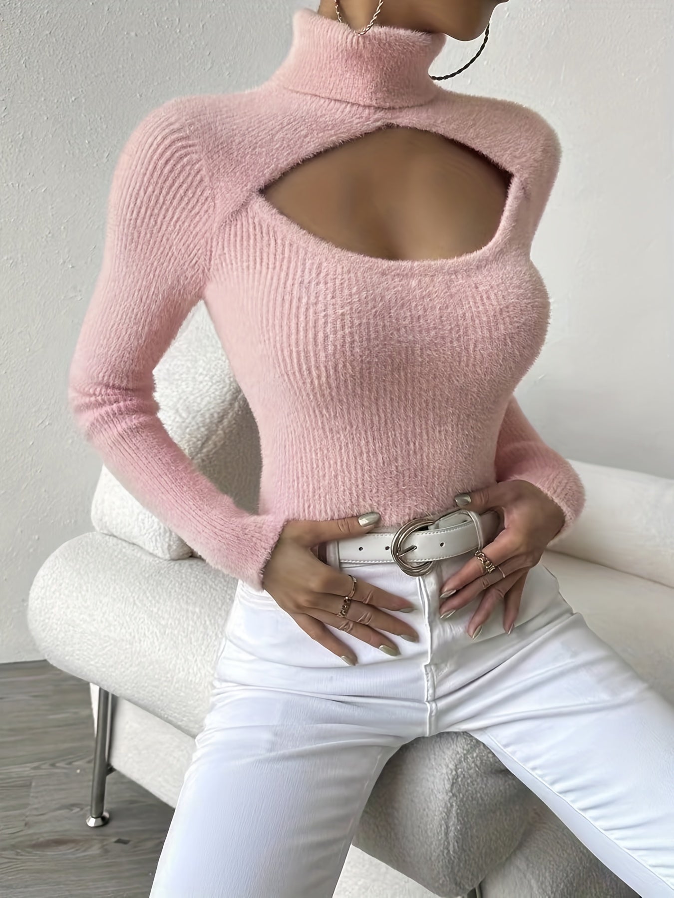 vlovelaw Cut Out Turtleneck Knit Sweater, Sexy Solid Long Sleeve Sweater, Women's Clothing