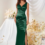 Solid V Neck Dress, Elegant Sleeveless Split Bodycon Dress For Party & Banquet, Women's Clothing