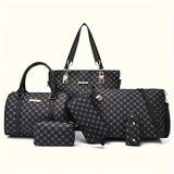 6-Piece Stylish Womens Purse Set - Polka Dot Print Faux Leather Tote Bag with Zipper Closure, Boston Handbag, Crossbody Bag, Long Wallet, Wristlet, Clutch, Coin Purse, and Key Holder - Polyester Lined, Geometric Patterned, and Versatile