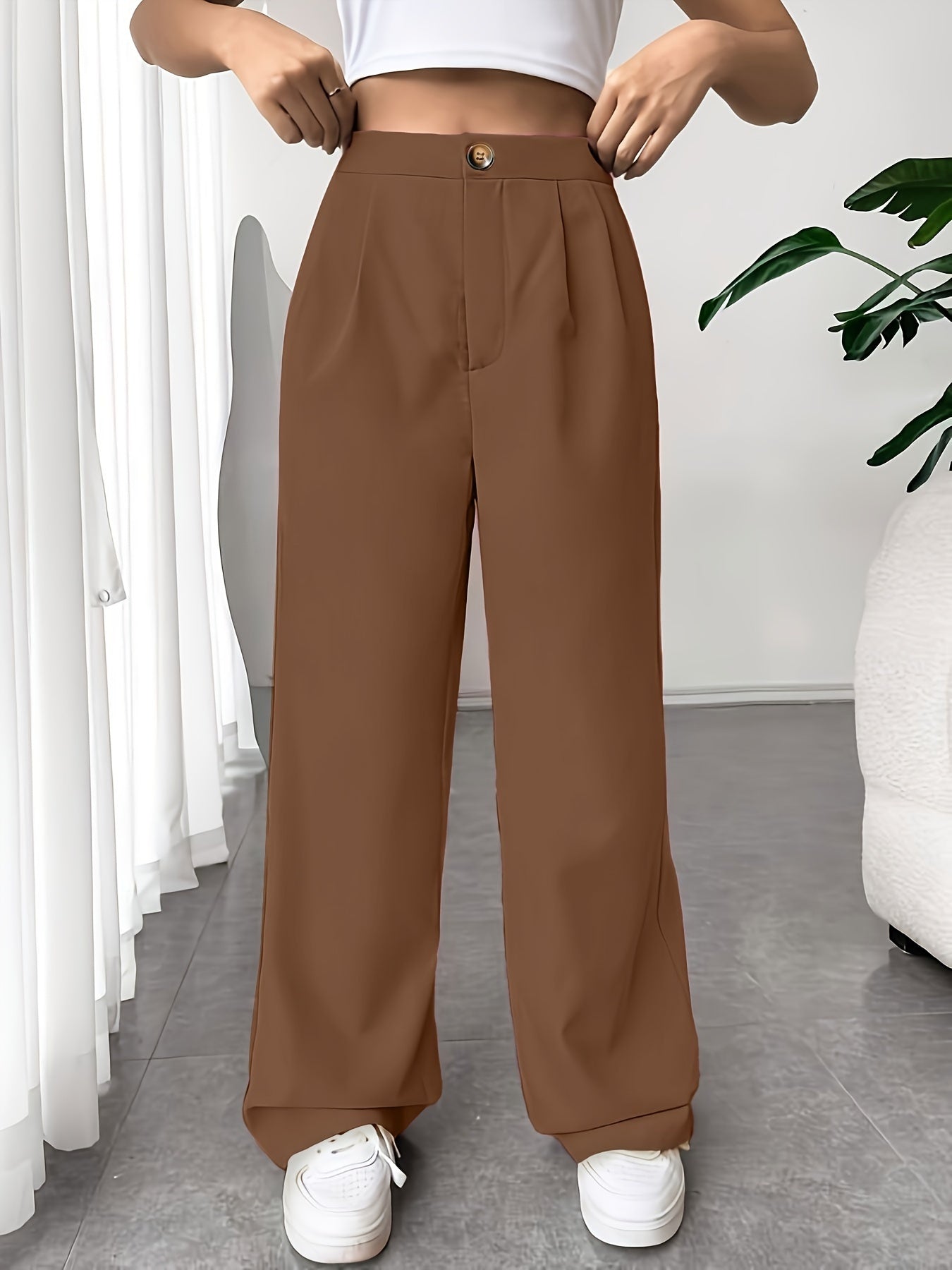 Solid Pleated Wide Leg Pants, Elegant High Waist Long Length Pants, Women's Clothing