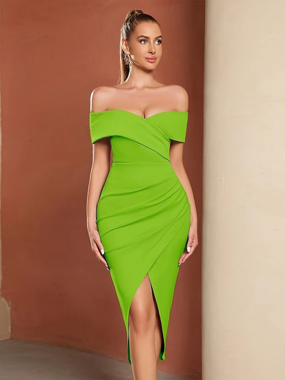 vlovelaw  Off Shoulder Split Wrap Dress, Elegant Bodycon Dress For Party & Banquet, Women's Clothing