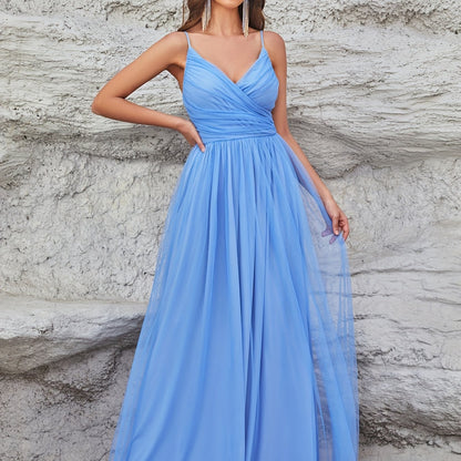 Solid Surplice Neck Cami Dress, Sexy Pleated Sleeveless High Waist Maxi Party Dress, Women's Clothing