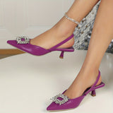 Chic All-Season Pointed-Toe Slingback Heels with Crystal Accents – Comfortable Faux Leather Sandals with Elastic Strap