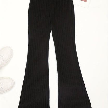 Girls Casual & Slim Ribbed Flare Pants High Waist Loose Fit Solid Color